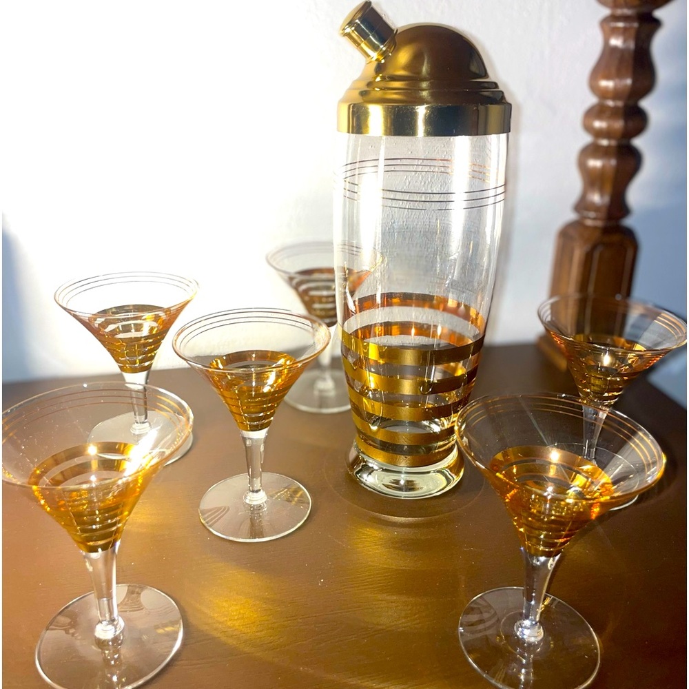 MCM Vintage seven piece gold band martini set/cocktail shaker